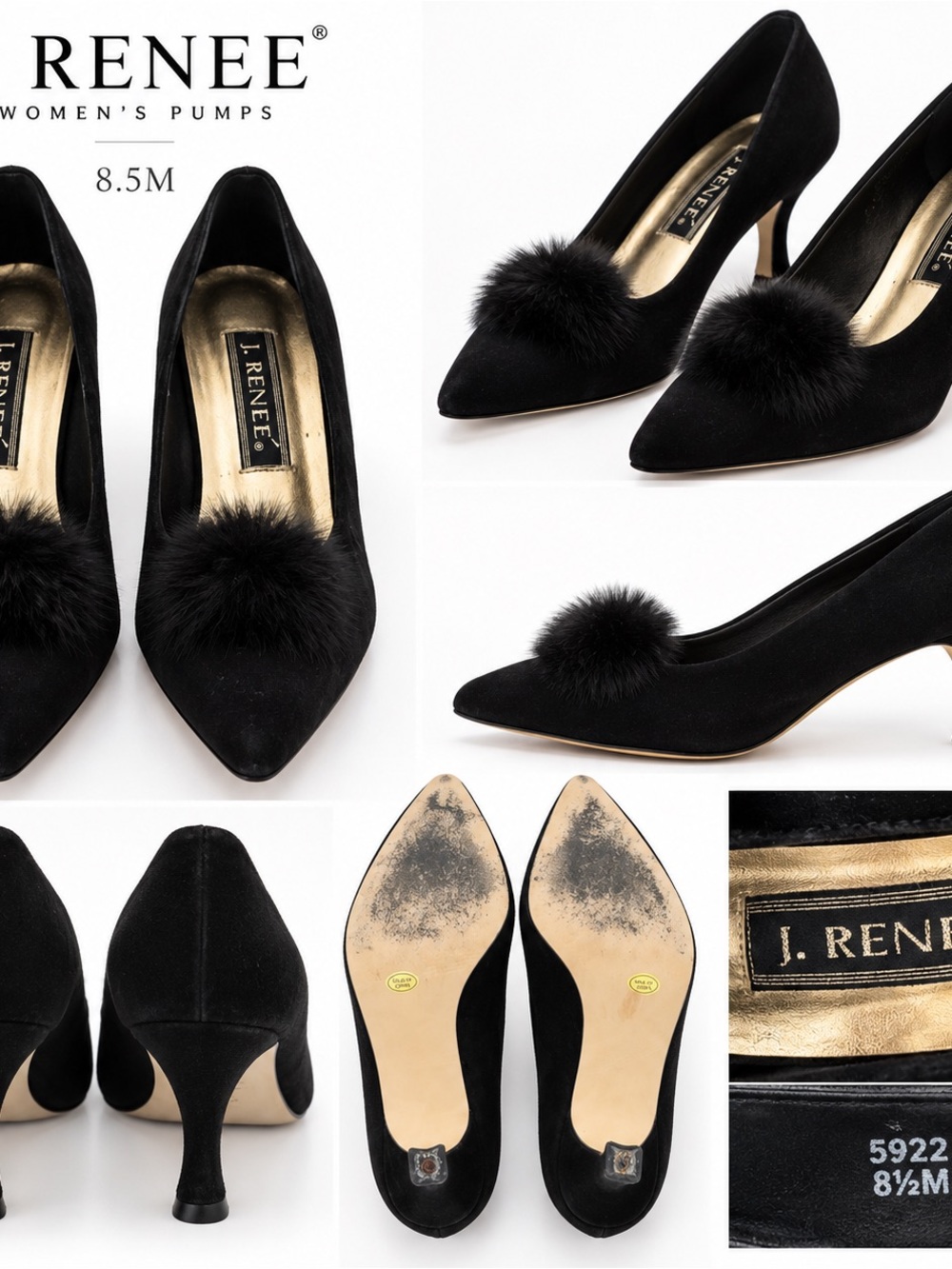 J.Renee Black Pom Pom Pointed-Toe Pumps